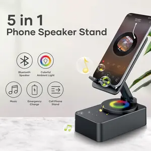 5 in 1 Wireless Bluetooth Compatible Cell Phone Stand Speaker 360° Rotatable Phone Speaker Stand & Charger with Colorful Ambient Light for Travel Party Kitchen Meeting Outdoor Gym