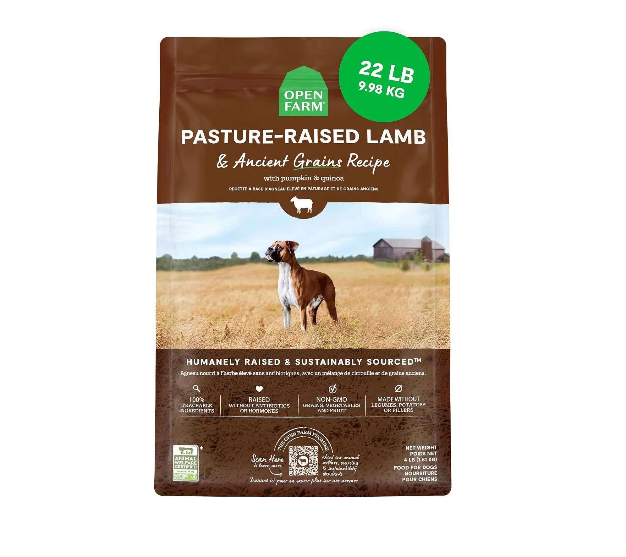 Open Farm, Ancient Grains Dry Dog Food, Protein-Rich & Nutrient Dense, 90% Animal Protein Mixed with Non-GMO Fruits, Veggies and Superfoods, Pasture Raised Lamb Recipe, 22lb Bag