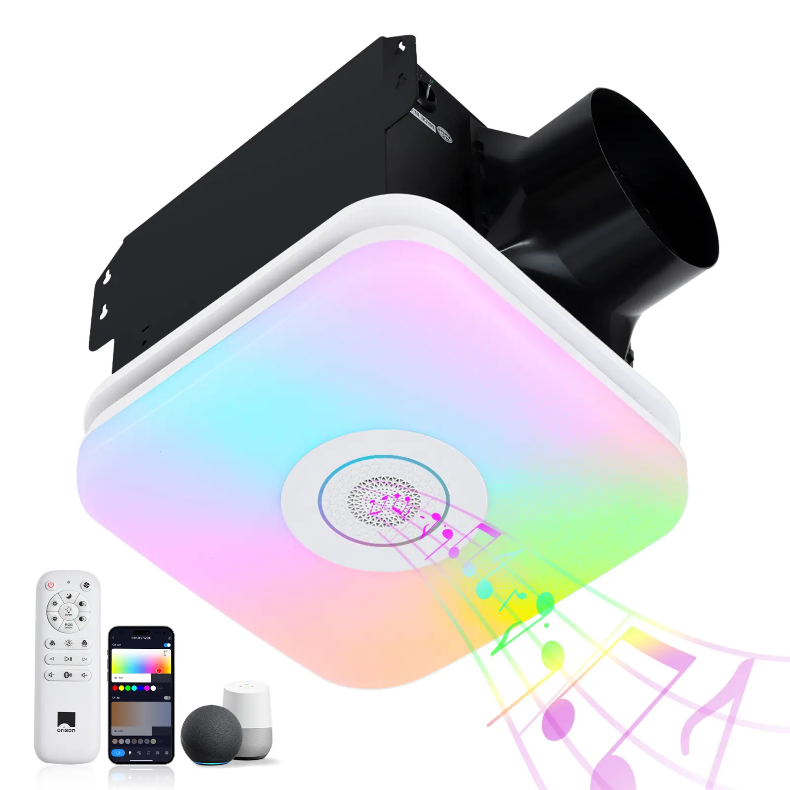 Orison Energy-Efficient Bathroom Extractor Fan Exhaust System - 110 CFM, 1.0 Sone, Brushless DC Motor, 120V, 200 Sq. Ft Coverage, Adjustable 3-Color Temp Light, RGB Music Light, Nightlight, Bluetooth Speaker, Remote Control, High-Speed Airflow, EZ Install