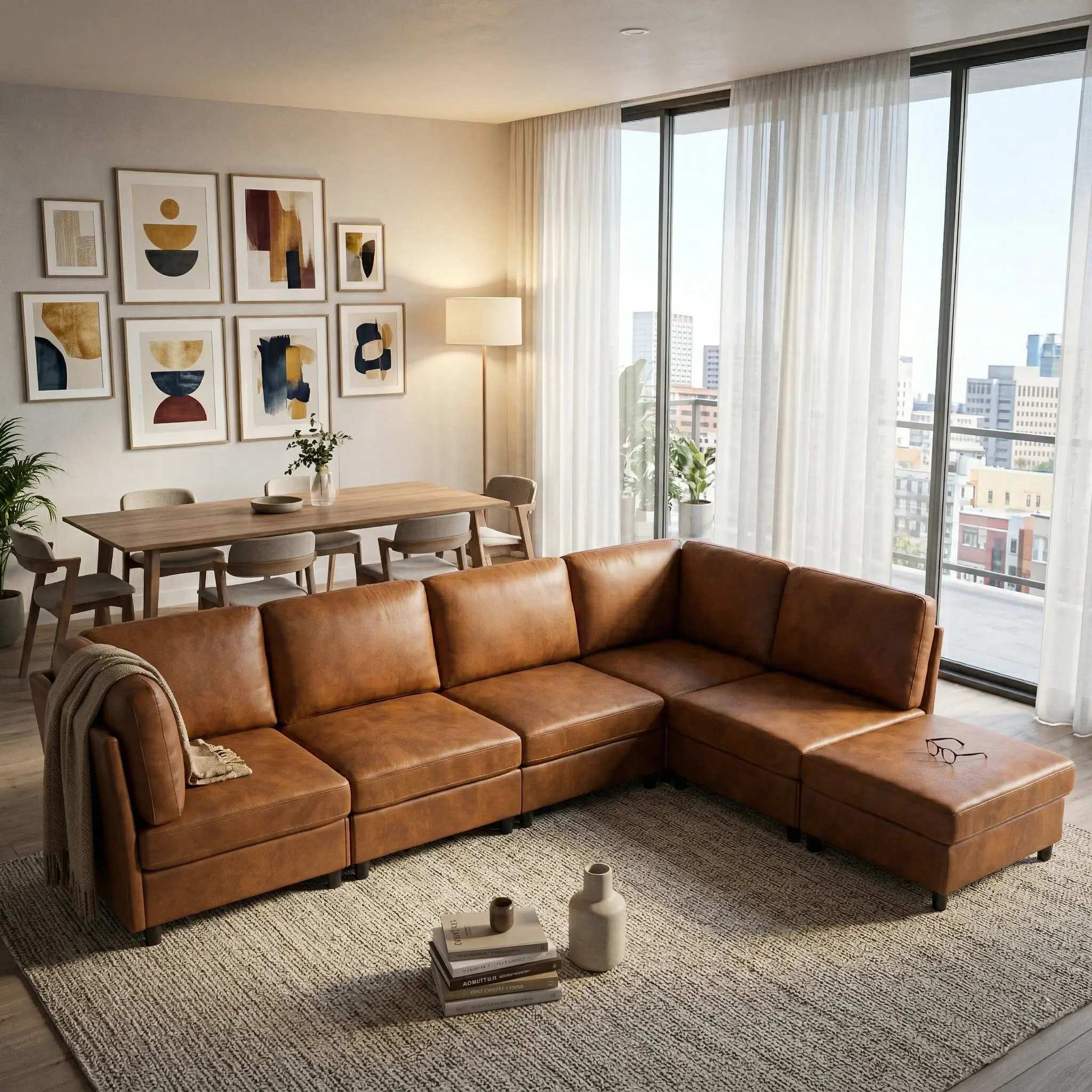 Eyisean 124" Leather Luxury Modular L-Shaped Sectional Sofa, 6-Seater Comfy Couch with Movable Ottoman, Durable Deep-Seat Plastic-Legged Piece, Easy Setup Assembly Required DIY Convertible Bed Conversion Sofa Set for Living Room