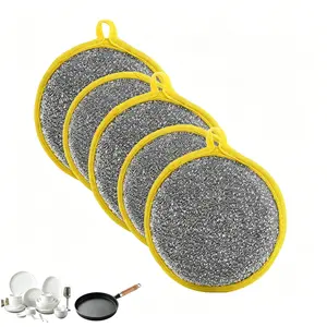 5PCS Double Sided Kitchen Sponges for Dishes, Round Scrubbing Pads with Steel Wire Nylon and High Elasticity Sponge, Non Scratch Cleaning Pads with Hanging Loop for Dishes, Pots, Sinks & Bathroom Reusable Durable Sponges for Effortless Kitchen Cleaning