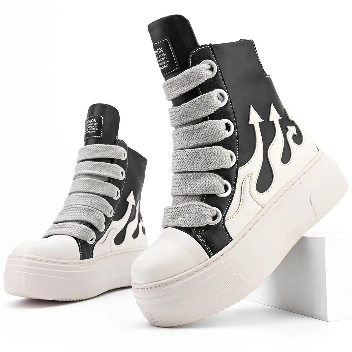 High-Top Thick-Soled Shoes - Casual Fashionable Flaming Sneakers with PU Leather & Rubber Sole for Comfort & Durability
