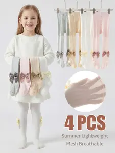 4-Pack Girls' Leggings, Summer Mesh Thin Breathable Mosquito-Proof Underwear, Casual Fitted Design Solid Pattern, Daily Wear Essential