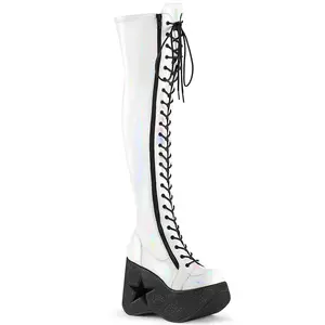 Demonia Dynamite-300 White Stretch Holo Knee-high Boots