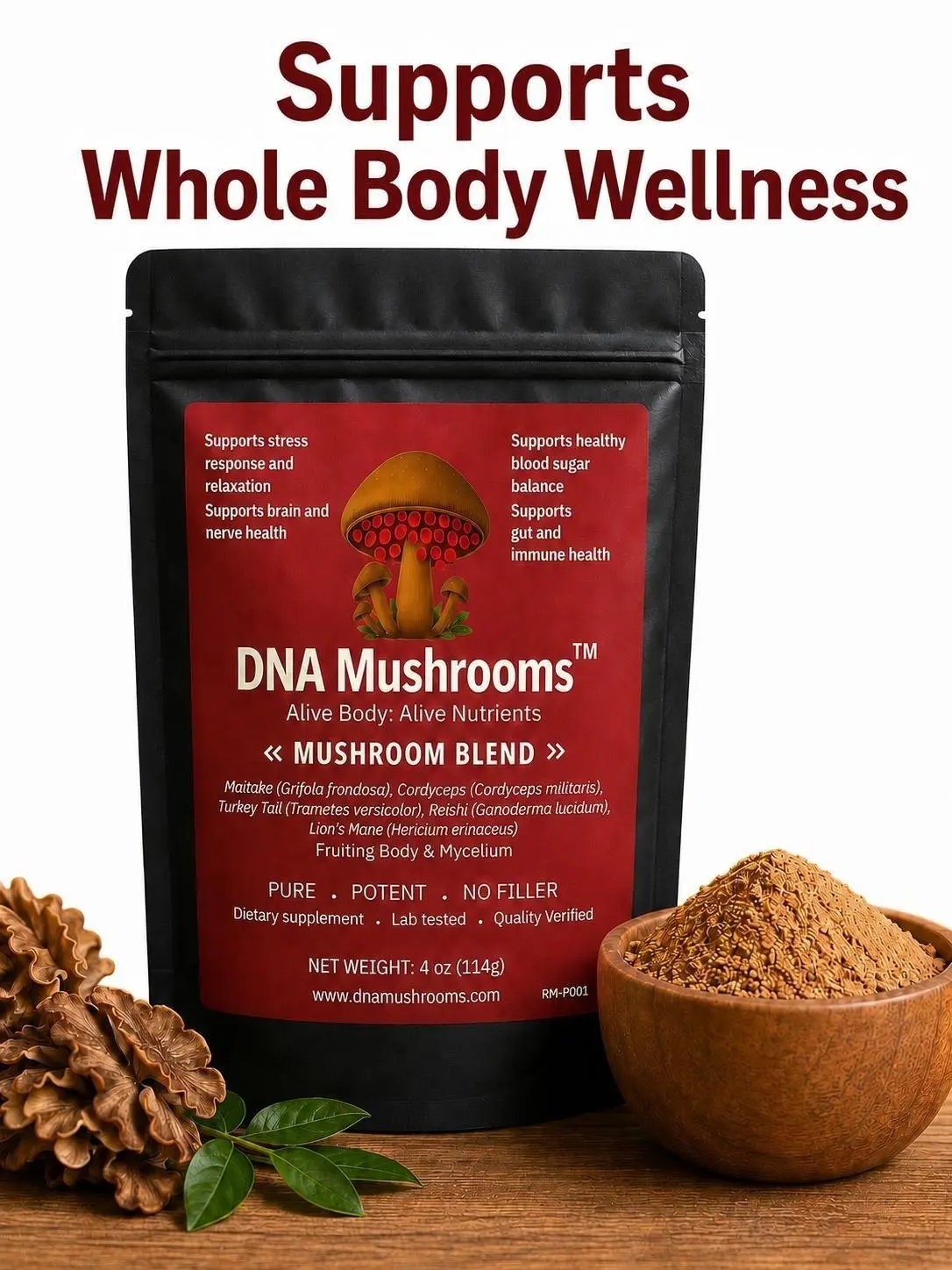 DNA Mushroom Matrix Blend Healthcare Fitness Supplement Powder - Organic Fruiting+Mycelium Reishi,Cordyceps,Lion's Mane,Turkey Tail,Maitake,Finely Milled Mix,Antioxidant,Dairy-Free,Lab Verified Focus Support,Whole Body Wellness,Pure Potent No Fillers