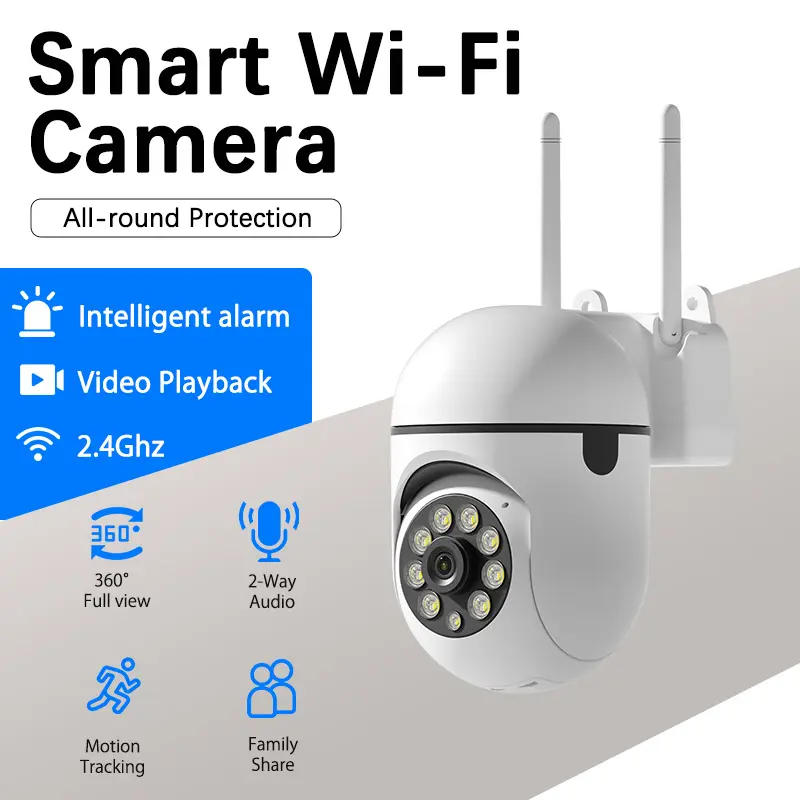 2.4 GHz WiFi 3-Megapixel HD AI Camera  Supports color night vision  IP66 waterproof rating  Supports two-way audio  355° pan and 90° tilt panoramic rotation  Motion detection and visual alerts