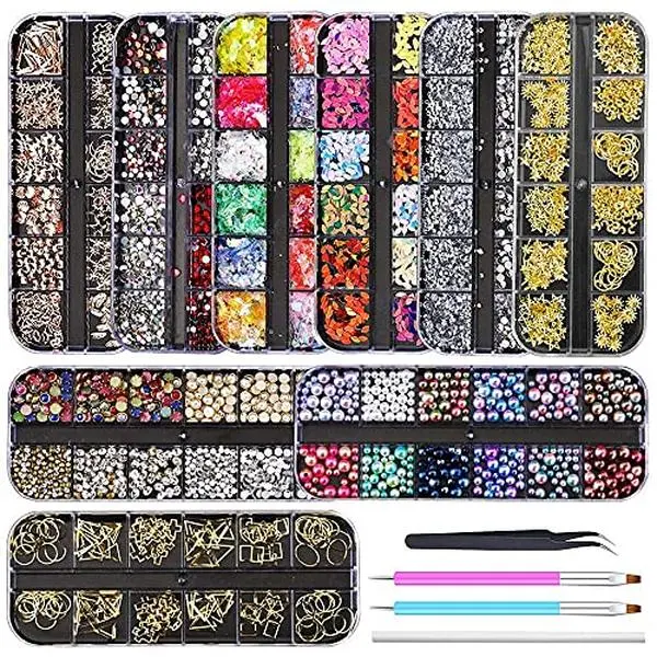 9 boxes Nail Rhinestones,Nail Gems Nail Diamonds,Nail Art Studs Nail Crystals Nail Sequins for Nails Kit with 1 Tweezers and 3 Pen for Nail Art Supplies Accessories