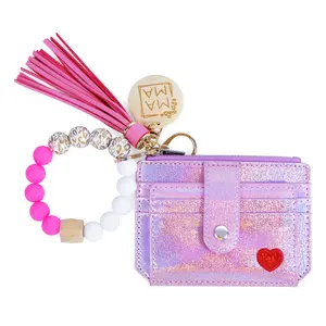 2026  TikTok Viral Pink Holographic Card Holder with Pink White Bracelet - Multi-Function Wallet with Coin Pocket | Portable Fashion Accessory for Women