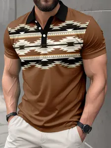 Men's Aztec Geometric Print Polo Shirt, Casual Street Style Loose-Fit Short Sleeve, Breathable Golf Shirt, Lightweight Daily Wear, Top