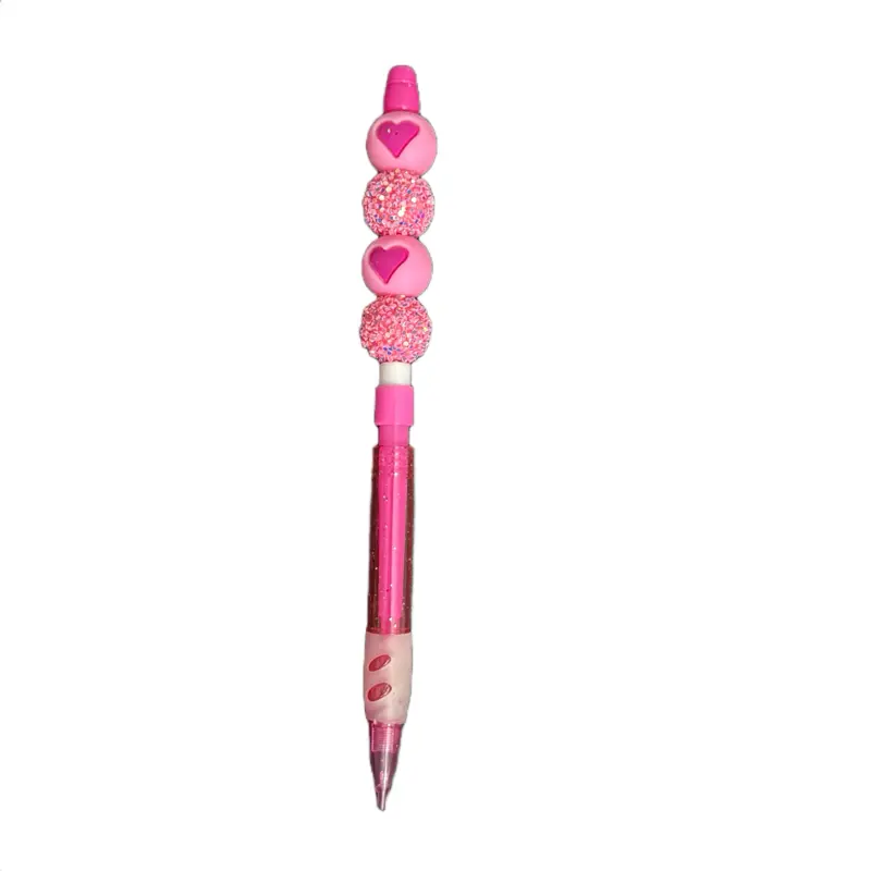 Beaded Mechanical Pencil Vibrant Light Pink Heart Silicone Beads with Acrylic Beads Unique Design Writing Tool