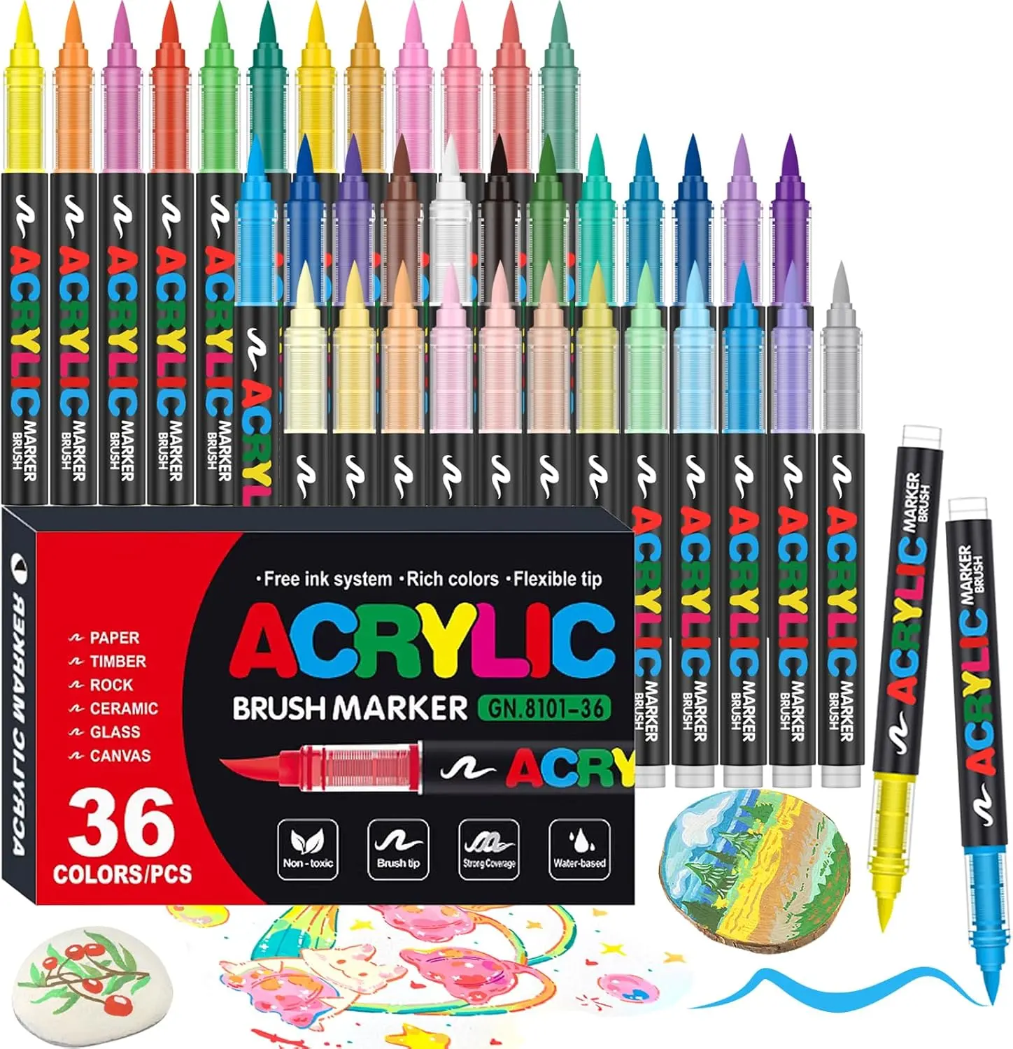 36 color pc marker pen set, Acrylic Paint Markers,Waterproof Graffiti Makers with Soft Brush Nib,Automatic Ink Control,Outline Shimmer Markers,Brush Markers Set with Storage Case Perfect for Glass Fabric Wood DIY Crafts Art Supplies