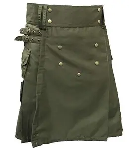 Men's Scottish Utility Kilt Cotton Cargo Pockets Skirt Highlander kilt Traditional Menswear Olive