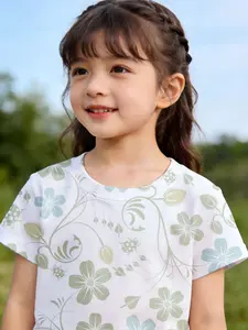 Daily Casual Girls' Short Sleeve T-Shirt, Floral Vine Green Blue White Print, Breathable Lightweight Comfortable, Holiday Wear, Fashion All-Match Style, All-Season Summer Outfit