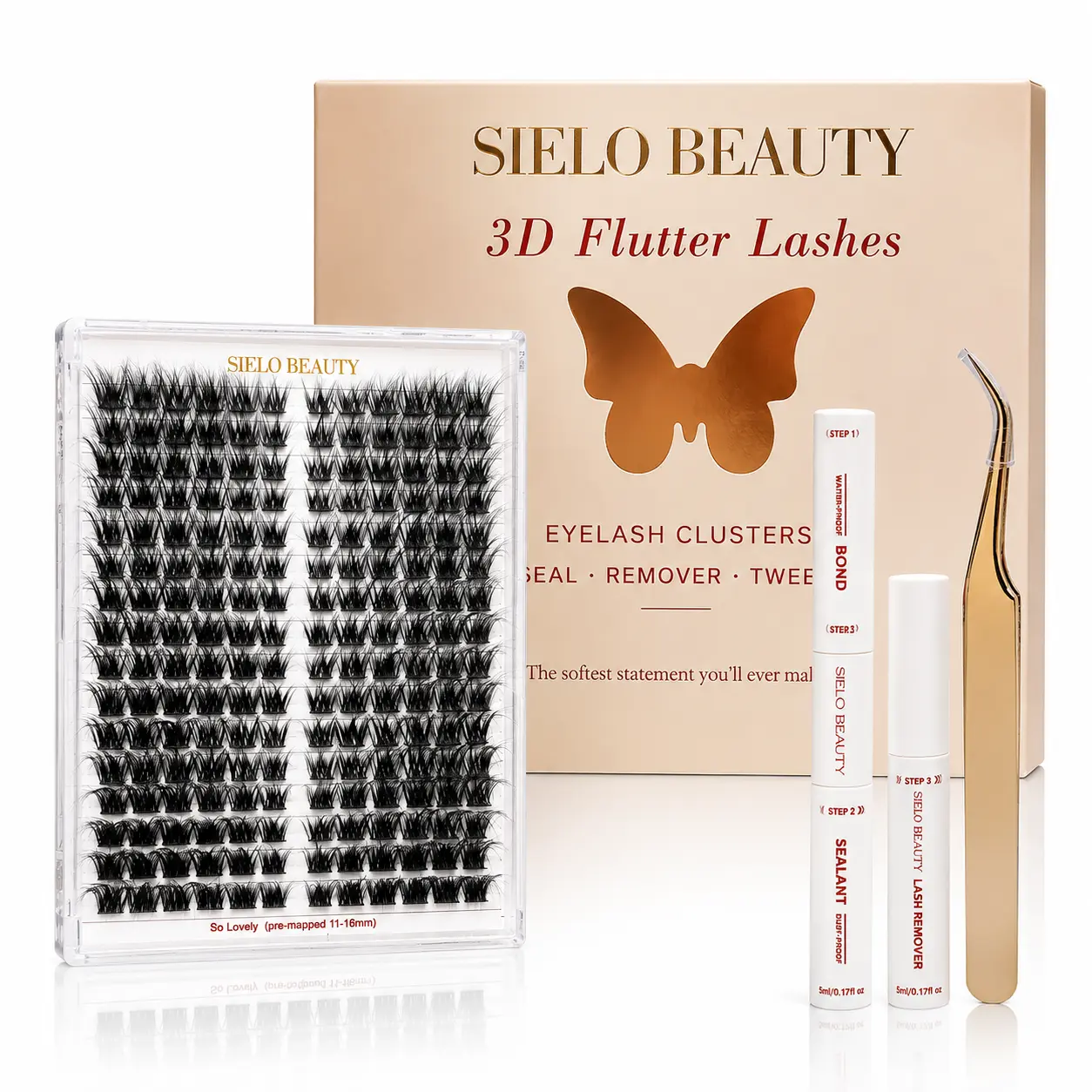 "So Lovely" Kit, Sizes 11-16m, Sielo Beauty 3D Flutter Lash Kit, DIY Eyelash Kit with Customizable Lashes, Tweezer, Lash Bond and Seal, Lash Remover Oil, Fluffy Design, Includes tray of Cluster Lashes.