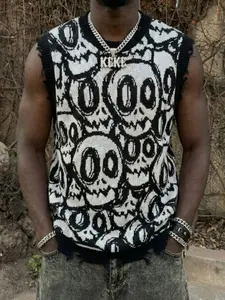 Spring Summer Punk Rock Band Skull Pattern Vest Sleeveless Men's Knit Top, Casual Fitted Design, All Seasons Wear
