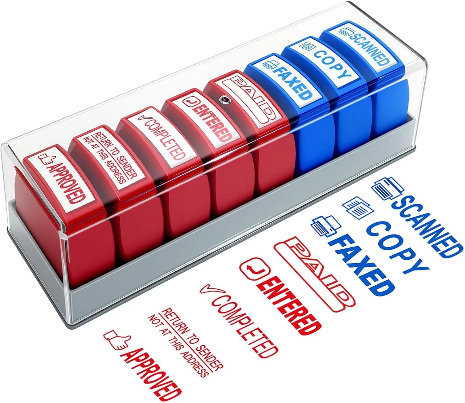 8PCS Office Stamps Set, Copy Paid Scanned Faxed Approved Completed Entered Message Work Stamp with Storage Tray, Rubber Business Stamp in Red and Blue Ink, Account Finance Staff Supplies
