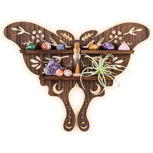 Luna Moth  Shelf Display, Boho Pine  Wall Floating Shelves with Light for  Stone Essential Oil Storage, Bohemian Wooden Butterfly Hanging  Rustic Decor Holder