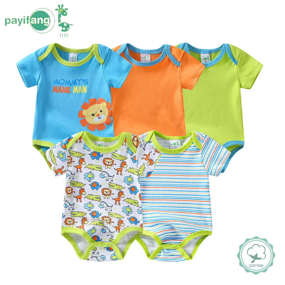 5-piece set of boys' bodysuits, baby cotton short-sleeved dresses, and essential cartoon sports-style clothing for baby boys