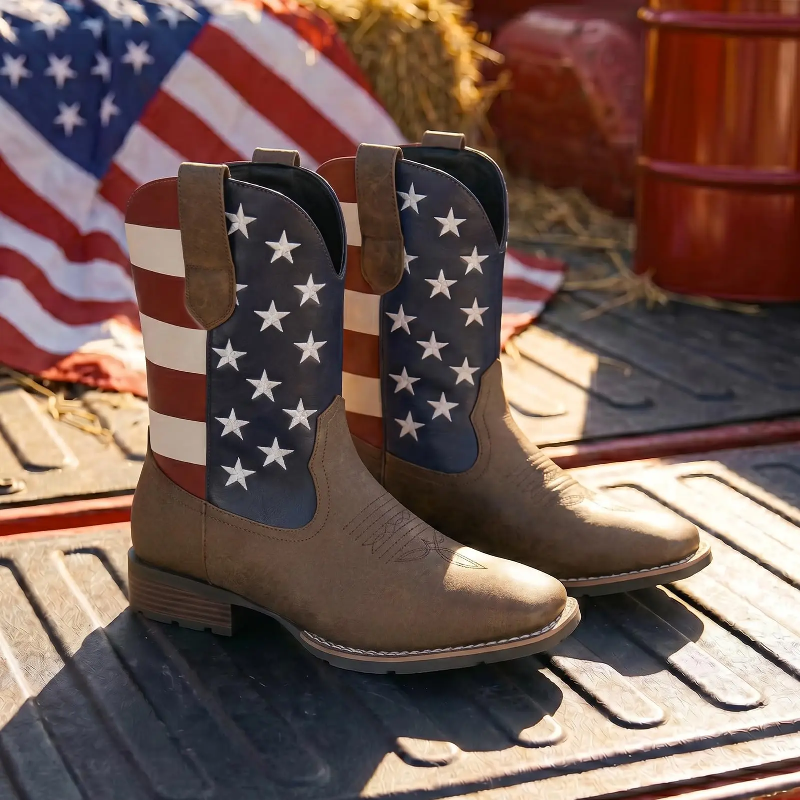 Cowboy Boots for Men - Western Men's Boots with Classic Embroidered, Slip on Square Toe Boots, Slip Resistant Country Boots Chunky Heel Ankle, Durable Short Boots for Spring Fall