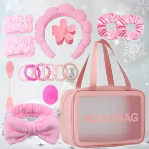 Makeup Removal Tool Set (16pcs/set), Wash Bag & Puffy Headband & Wristband & Hair Claw & Hair Tie & Hair Hoop & Face Washing Tools, Portable Travel Wash Bag