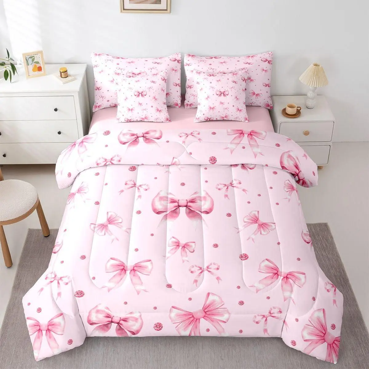 Feelyou 7-Piece Microfiber Bedding Set - Bow Tie Print, Pink Princess Ribbon, Multi-Size with Sheets, Luxury Girls' Bedding, Halloween Room Decor, Coquette Soft Furnishings, Girl Room Decor, Thanksgiving