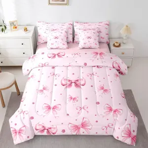 Feelyou 7-Piece Microfiber Bedding Set - Bow Tie Print, Pink Princess Ribbon Design, Multi-Size with Sheets, Girly Bedroom Decor for Kids, Coquette Themed Soft Furnishings