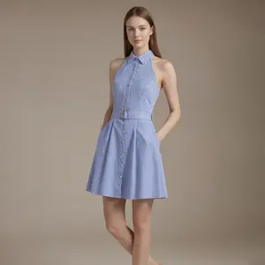 Womenswear Casual LesLuvra Elegant Blue Stripe Halter Mini Dress with Hidden Pockets, Adjustable Belt