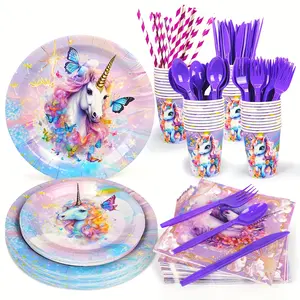 175Pcs Unicorn Birthday Decorations Plates Set,Unicorn Party Decorations Pastel Rainbow Plates Napkins Cups and Cutlery for 25 Guests