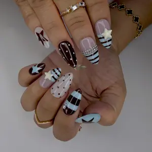 Handmade Blue Black Star Stripe Polka Dot Press on Nails | Y2K Grunge Style