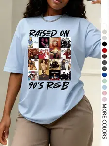 Women's Casual Loose-Fitting Round Neck T-Shirt, 90's R&b Fashion Print, Summer Home Wear, Daily Vacation Outdoor Clothing