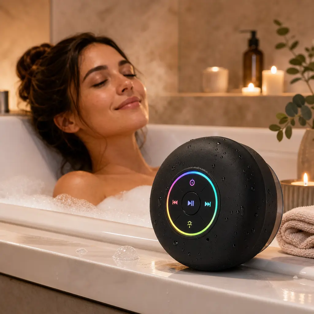 Waterproof Speaker Portable Suction Cup WithLED Lights Rechargeable Bluetooth-Compatiblefor Home Bathroom Outdoor Shower BlackWireless Speaker, Hands-Free