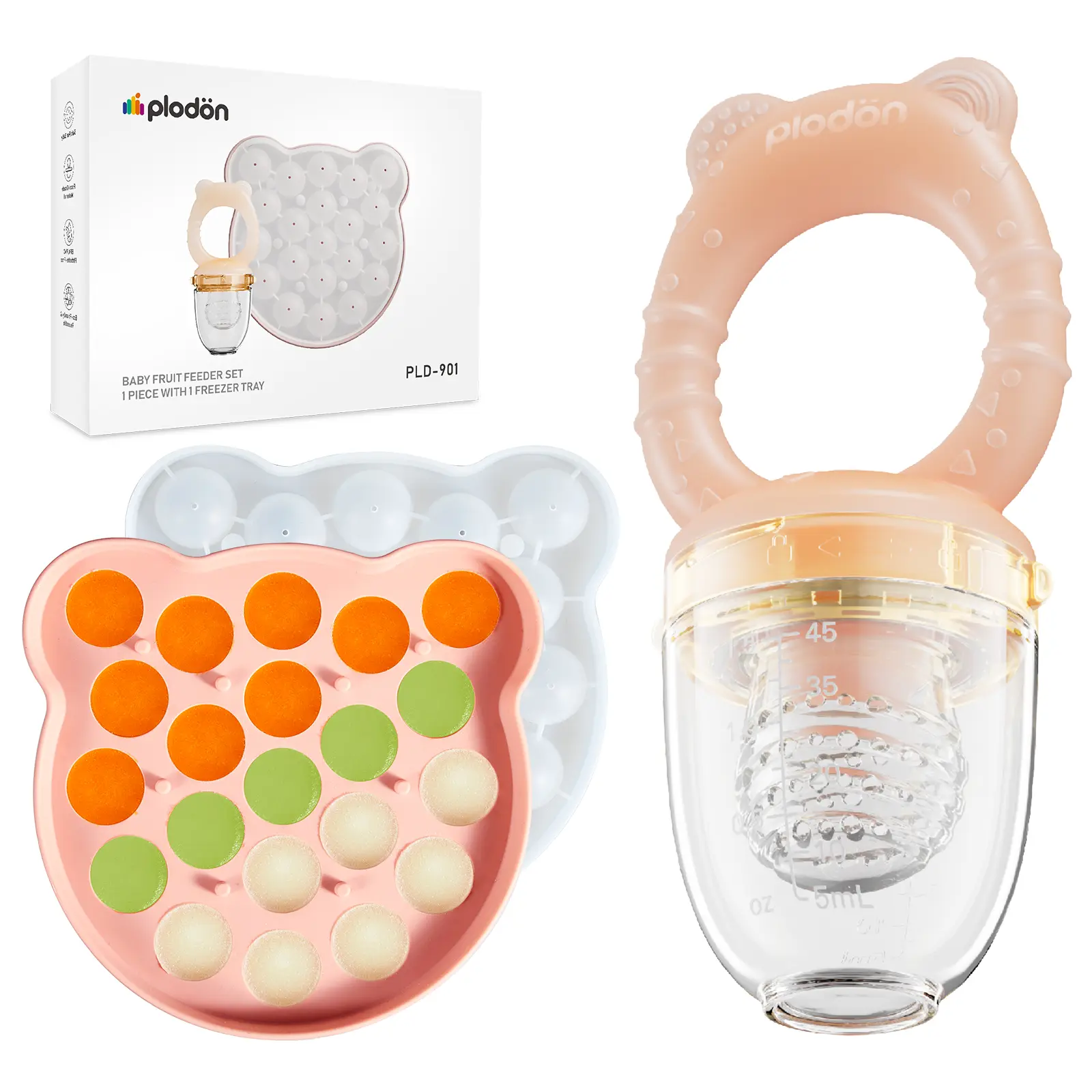 Plodon Silicone Baby Food Feeders with Freezer Tray, 2-Pack Baby Fruit Feeder Pacifiers & Teething Toys, Blush Bear Pink Self-Feeding Set for Purees, Fruit, Veggies, Breastmilk & Batch Prep
