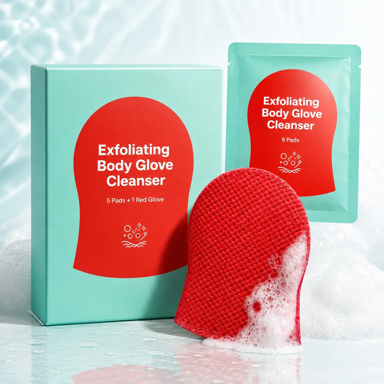 Women's Exfoliating Body Glove Cleanser Sets (2-Pack) - 10 Individually Wrapped Cleansing Pads, 2 Red Scrub Mitts, Gentle Foaming Body Wash for Dry Rough Skin, Shower Spa Self-Care, Travel Gifts