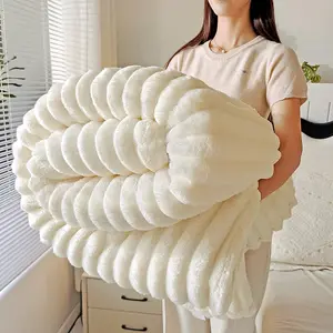 1pc Oversized Plush Flannel Blanket - Thick Soft flannel drawstring blanket, All-Season Cozy, Cozy Throw Blanket, Striped Blanket, soft and warm sofa blanket, suitable for napping, office, outdoor camping, Plush Texture