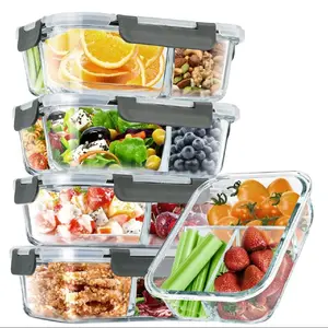 8 Pcs Glass Food Storage Containers with Lids 2 & 3 Compartment Airtight Meal Prep Containers Oven & Freezer Safe Leak Proof Grey