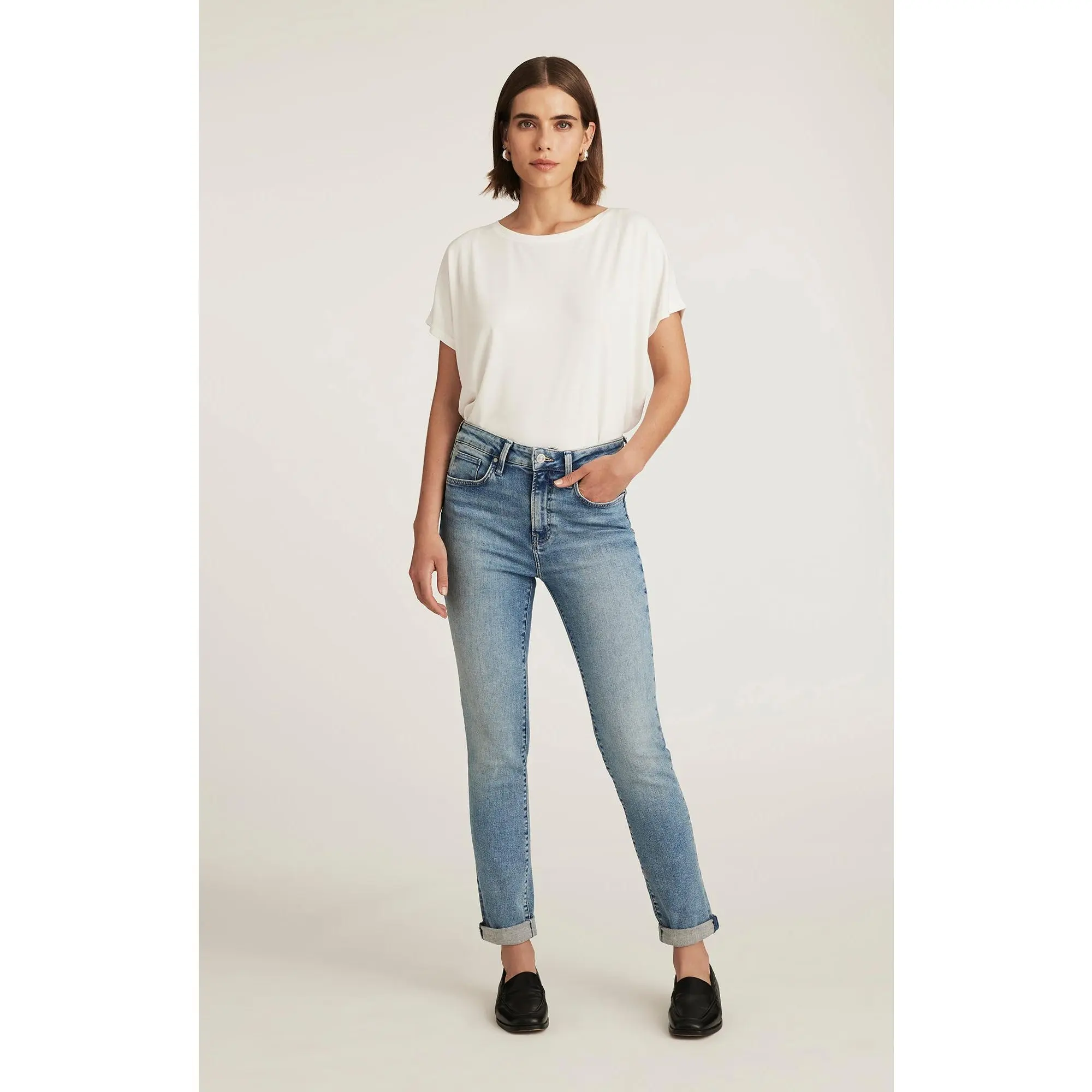 Women's Kathleen Mid Rise Slim Boyfriend Cuffed Denim Jeans - Light Brushed Flex Blue Fabric, Tapered Leg, Slouchy Look, Casual Bottoms, Light Wash