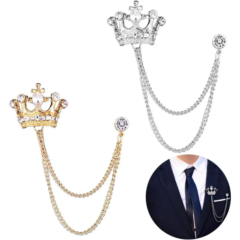 2PCS Men's Crown Hanging Chain Brooch with Stone Detailing, Engraving, Metal Crystal, Suit Stud Lapel Pin, Vintage Rhinestone Breastpin Wedding Brooch Pin, Gold and Silver