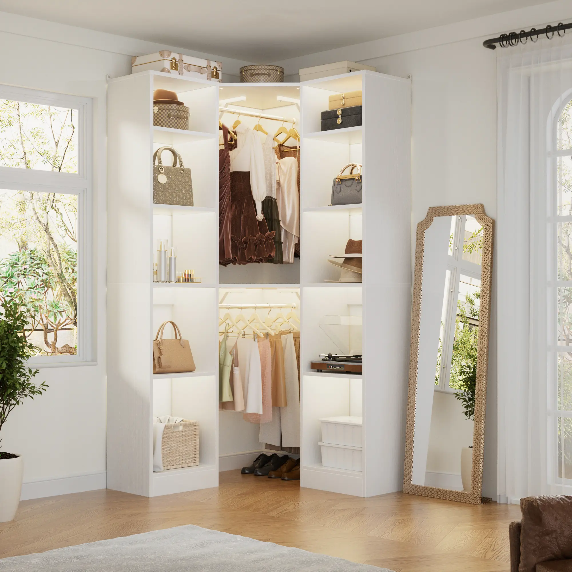 Corner Closet Organizer System, 12-Shelf Storage Unit with 2 Clothes Rods, 750 lb Capacity MDF Wood Cabinet, Space-Saving 90° Design for Bedroom/Laundry Room/Kitchen, Anti-Tip Safety Kits Included