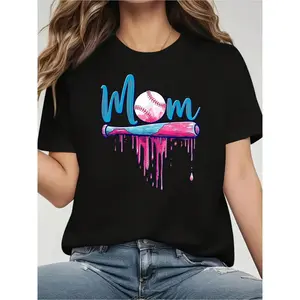 Cotton Short Sleeve T-Shirt Baseball Mom Graphic T-Shirt - 100% Casual Crew Neck with Baseball Bat & Pink Drip Design for Sports Moms Graphic tees, washed shirt, hoodie and sweatshirt