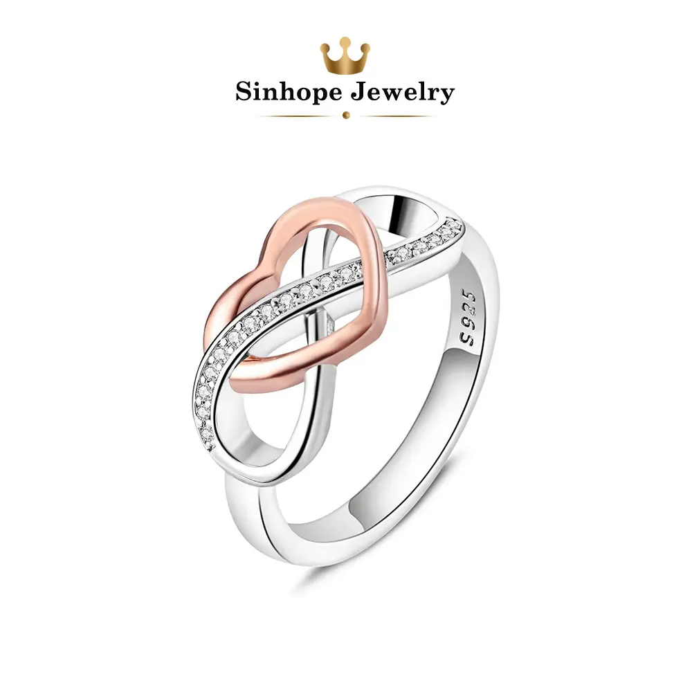 Infinity Love Knot Ring for Women, Rose Gold & Silver CZ Paved Ring with Sparkling Cubic Zirconia Stones, Elegant 925 Sterling Silver Style Jewelry, Romantic Promise Ring, Unique Couple Engagement Ring Gift for Wife Girlfriend, Birthday Anniversary Valent