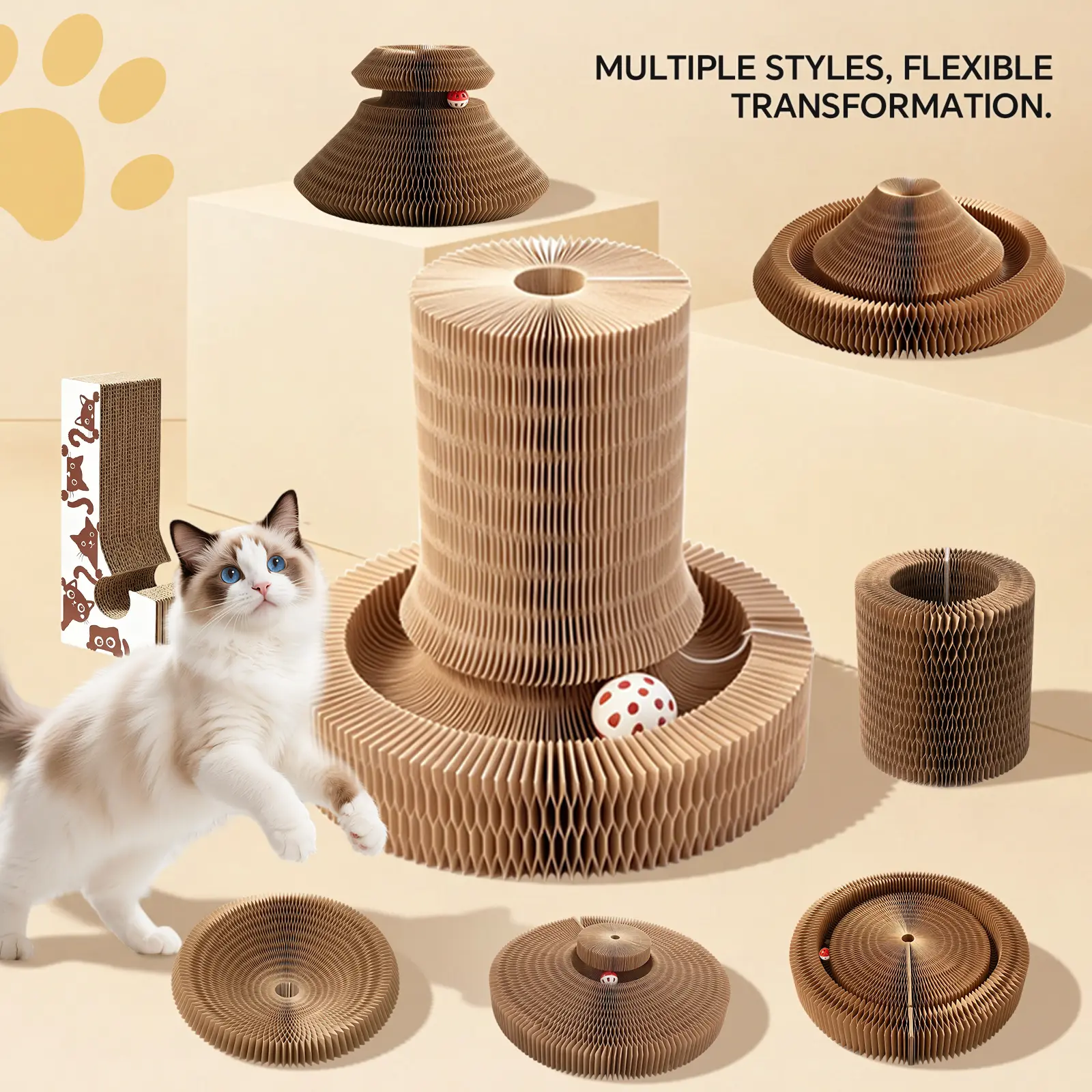 Magnetic Accordion-Style Foldable Honeycomb Cardboard Cat Scratcher Post, Eco-Friendly Pet Furniture with 1 Interactive Jingling Bell Ball, Plain Multi-Form Trackball Toy, 14.8" Base Diameter x 10.2" Height, Shape-Shifting Playground, Furniture Safe, Heal