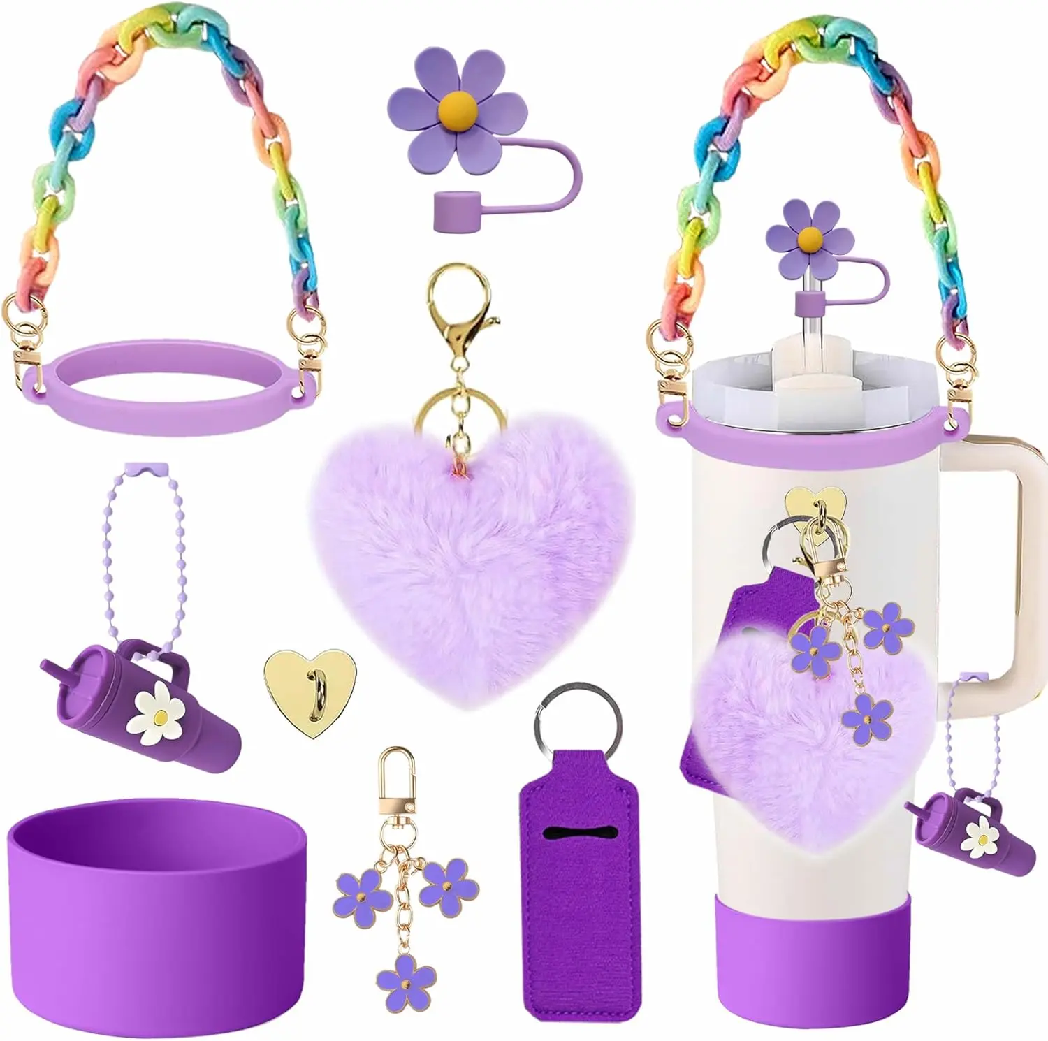 9 count Accessories Set for  Cup, Including Handle Strap, Straw Covers, Boot, Keychains, Lip Balm Sleeve and Handle Charm, Fits 20/30/40 oz  Tumblers (deep purple)