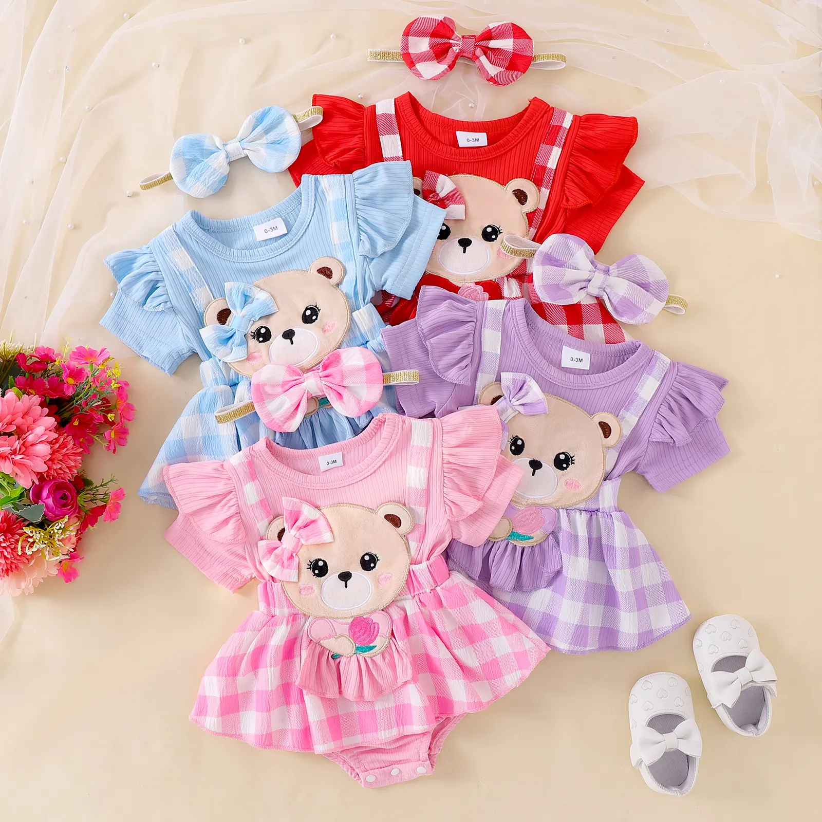 Global Baby Girl 2-Piece Summer Baby Clothes Set, Short Puff Sleeve Plaid Romper with Bear Patch, Ruffle Fake 2-Piece Bodysuit, Bow Headband