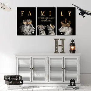 3pcs Framed Lion Family Canvas Wall Art - "Family" with Golden Crown, Black & White Animal Portraits, Modern Motivational Home Decor for Living Room, Bedroom, Office, or Classroom, Indoor Wall Hanging Decor, Living Room Art |   Regal Lion Portraits |