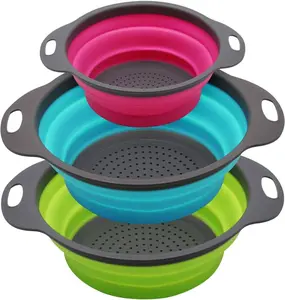Collapsible Colander Set of 3 Round  Kitchen Strainer Set - 2 count 4 Quart and 1 count 2 Quart-  for Draining Pasta, Vegetable and fruit (green,blue, purple)