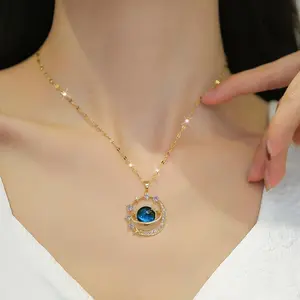 14k gold-plated celestial moon and star gem pendant necklace for ladies, an elegant night sky style jewelry necklace suitable for women to wear, a creative gift