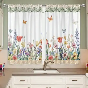 2 Panel 28"X40"/1 Panel 18"X60" Tulip Floral Kitchen Curtain Valance Set Watercolor Flowers Butterfly Country Farmhouse Pole Home Decor Kitchen Cafe Office Living Room Bedroom Dining Room Decorative Curtains