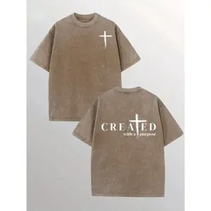 [Vintage Cotton T-Shirt] 1pc Vintage Washed Cotton Men's T-Shirt |   Round Neck, Cross Print, Casual Streetwear Style, All-Season Comfort, Perfect Gift for Adults, Religious Apparel