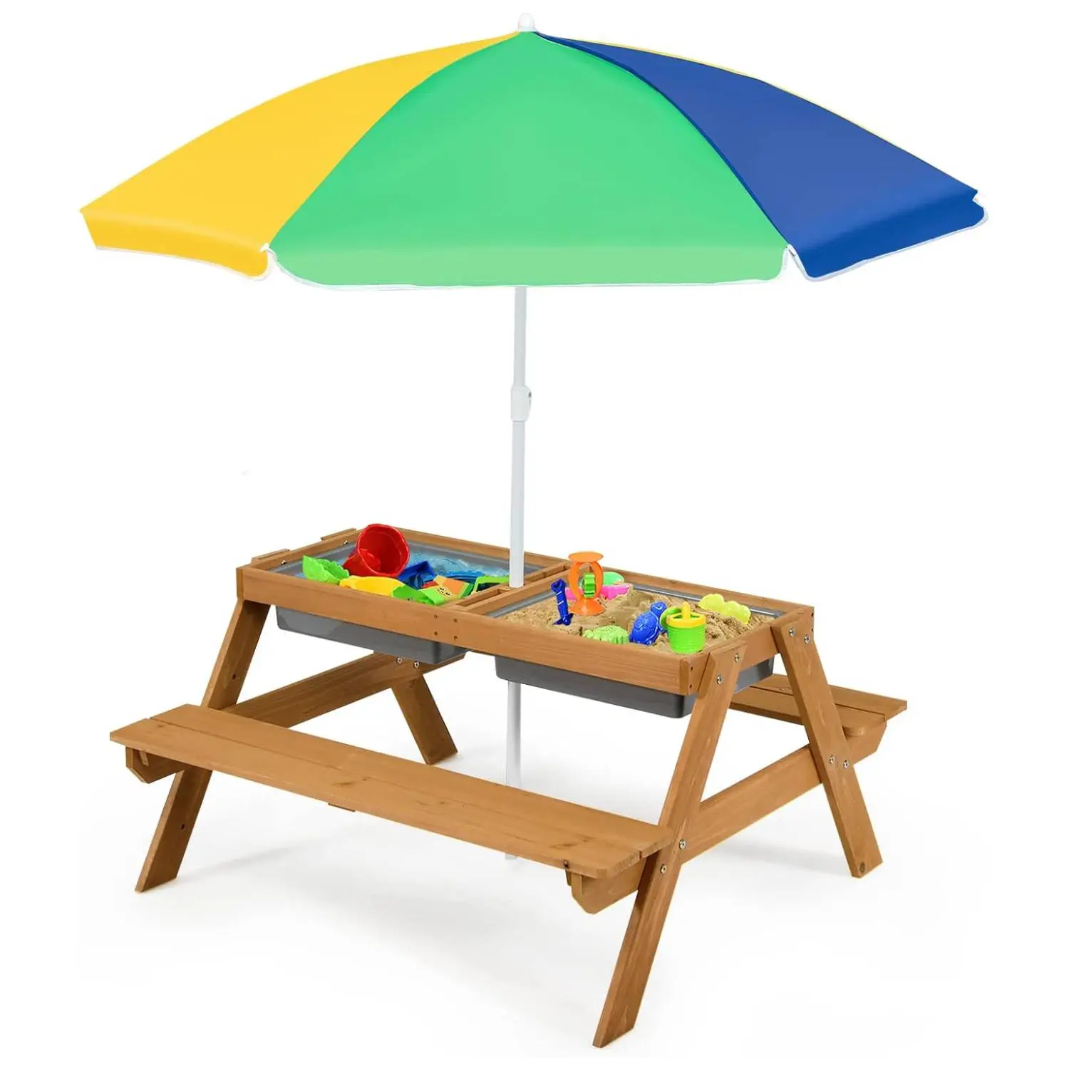 Costzon Kids Foldable Picnic Table Set - Outdoor Table and Chairs, Backyard Gear, Height-Adjustable Umbrella, Sand & Water Function, Wooden Outdoor Play Piece (Mother’s Day Gift), Summerwins 4th of July Decor