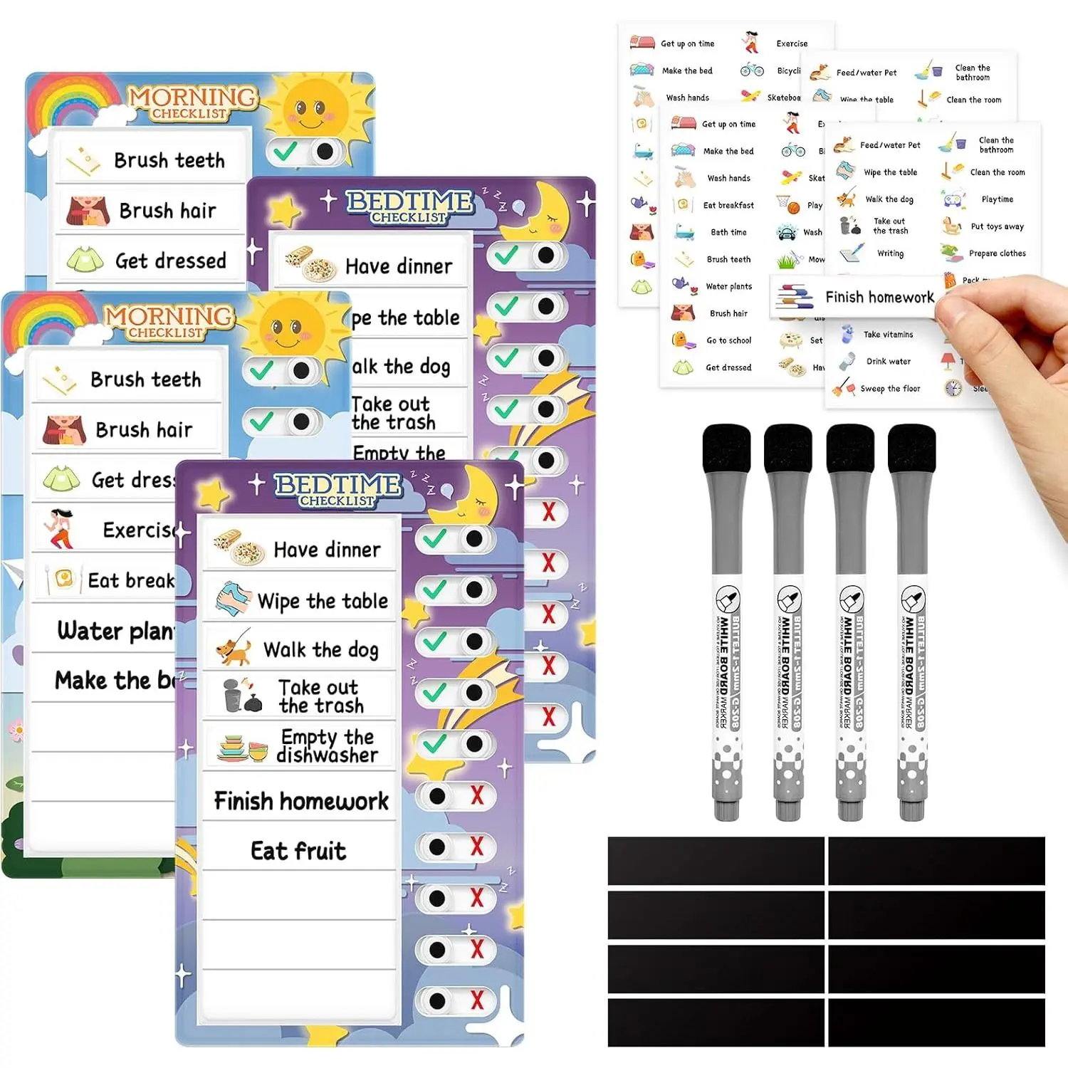 Chore Chart for : Dry Erase , Morning/Bedtime Routine Chart,  Checklist,  Visual Schedule, Daily Behavior Chart for Fridge (4 Pack)